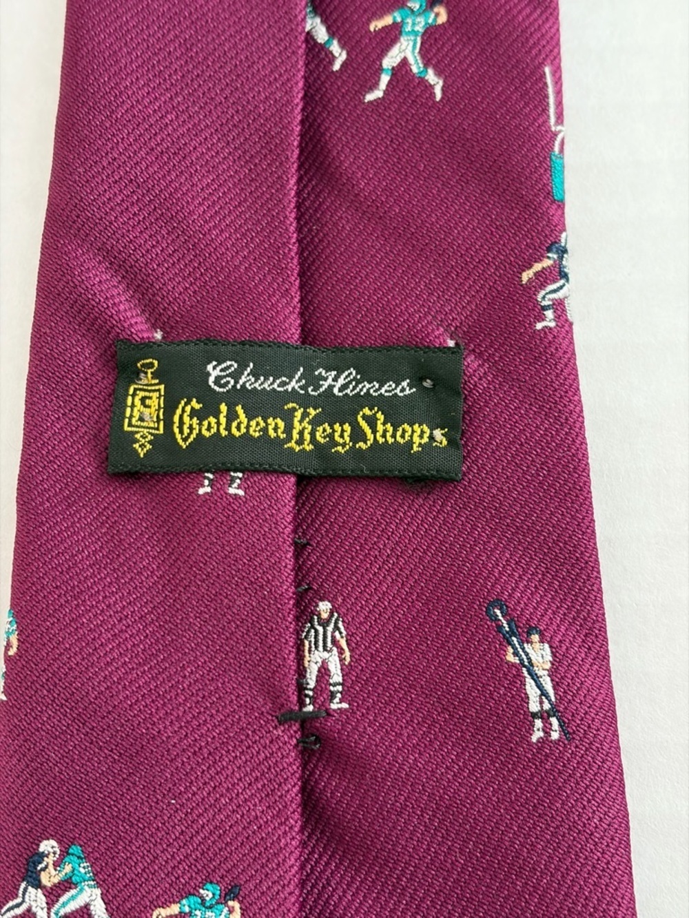 Chuck Hines Golden Key Shops Football Silk Tie Burgundy Sports Novelty - Picture 3 of 5